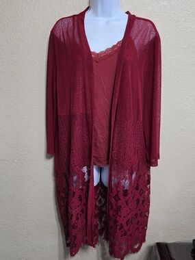 Sheer Lace Trim Open Front Duster Cardigan - Deep Red
